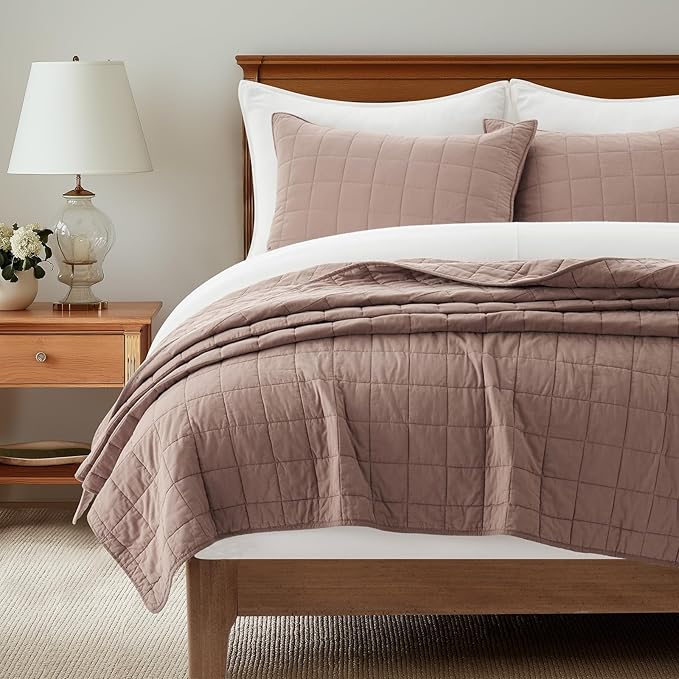 EVERGRACEHOME 100% Cotton Box Stitch Quilt Bedding Set Queen Size 3 Pieces, Garment-Washed Lightweight Soft Cozy Coverlet, Quilted Bedspread Sets with 2 Shams for All Season, Clay