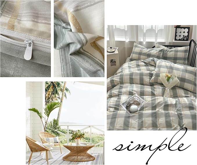 VM VOUGEMARKET Plaid Bedding Set King 100% Cotton Green Grid Duvet Cover Set,Modern Men Boy's Comforter Cover with Zipper Closure-King