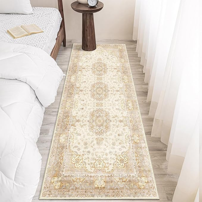 Washable Runner Rug 2'x6',Boho Rug Runners Non Slip,Long Rugs for Hallways Kitchen Bathroom Bedroom Entryway,Vintage Bohemian Distressed Floor Carpet,Beige Gold Floral