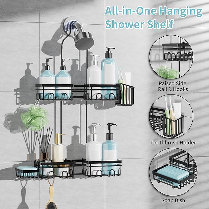 KEGII Shower Caddy Hanging for Handheld Showerheads, Rustproof Hanging Shower Organizer with Soap Holder, Toothbrush Holder and Hooks, Anti-Swing Bathroom Shower Rack for Renters, Apartments