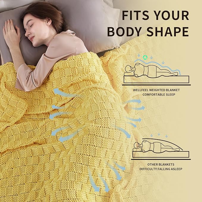 Knitted Weighted Blanket Kids, No Beads Heavy Blanket 40” x 60'' 7lbs, Breathable Chunky Knit Blanket, Cooling Weighted Blanket for Hot Sleepers, Christmas Home Decor (Yellow)