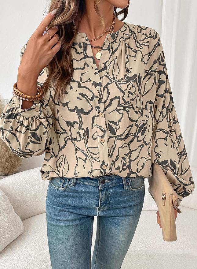 Astylish Womens 2026 Boho Floral Loose Spring Summer Tops Lantern Sleeve Flowy Blouses V Neck Button Down Shirts