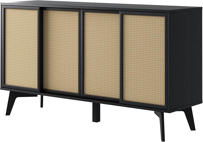 MUSEHOMEINC Large Sideboard Buffet Cabinet, 4-Rattan Door Sideboard Cabinet - Buffet Storage with Sliding Doors, Black Oak Finish for Dining Room, Kitchen, Entryway, Living Room