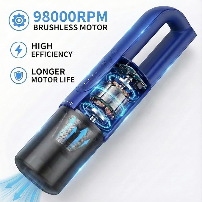 Handheld Vacuum Cordless, 5-in-1 Car Vacuum Portable Cordless 30 Mins Rapid Rechargeable Hand Vacuum Brushless Motor 19000Pa Strong Suction, Dust Busters for Car Home with 4 Nozzles, Blue