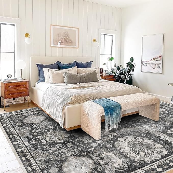RUGSURE 5x7 Washable Area Rugs - Perfect Resistant Rug for Living Room, Bedroom, Kids Room, Nursery - Stain & Water Resistant Non-Slip, Pet & Child Friendly, Vintage Tribal Area Rugs (Grey, 5'x7')