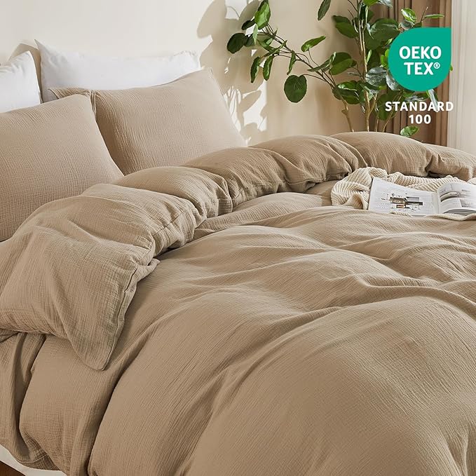 EMME Muslin Cotton Duvet Cover Set Khaki Queen Size Linen Like Soft Breathable Lightweight Summer Comforter Cover Set with Zipper Closure (Khaki, Queen, 90"x90")