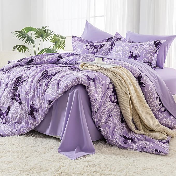 ARTALL Bed in A Bag Twin Size 5 Pieces, Purple Paisley Butterfly Bedding Comforter Set All Season Bed Set with 1 Comforter, 1 Pillow Sham, 1 Flat Sheet, 1 Fitted Sheet, 1 Pillowcase