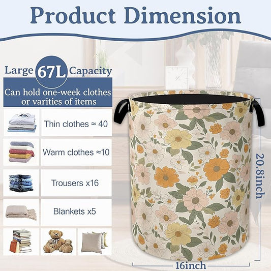 Retro Boho Groovy Flower Laundry Basket,Foldable Waterproof Oxford Cloth Tote Bag Laundry Hamper with Handles,20.8"x16" Clothes Storage Bucket Organizer for Laundry Room, Bathroom, Bedroom