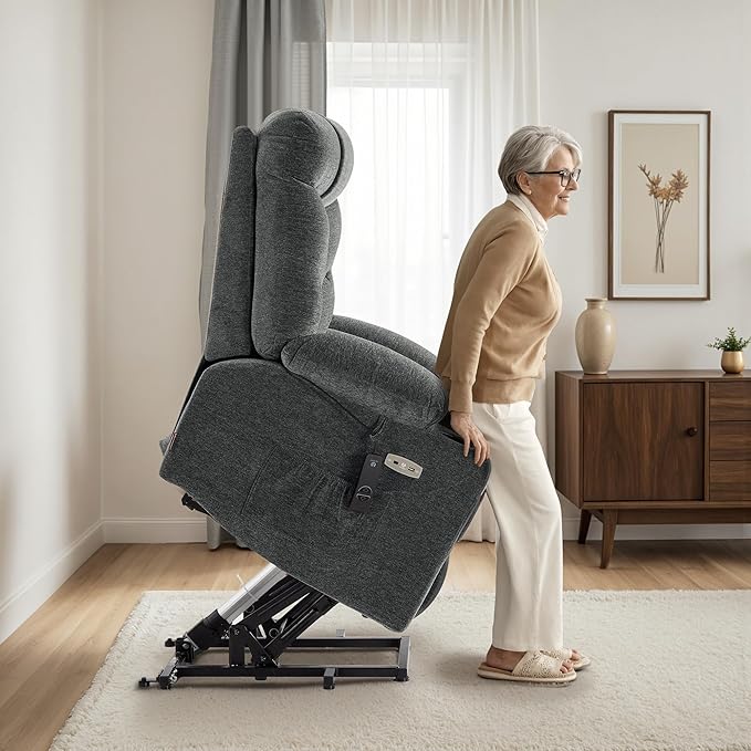 MCombo Oversized Power Lift Recliner Chair with Extended Footrest, Extra Wide 27.2" for Big and Tall Elderly People, Fabric R7289 (Dark Gray, Medium-Oversize)