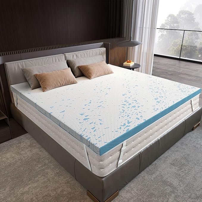 OhGeni Medium Feel King Size Cooling Gel Memory Foam Mattress Topper Pad, Washable Bed Cover with Anti-Slip Base & Zipper,Fits 6"-19" Mattresses with Straps,Extra Comfort for Sleep &Back Pain Relief