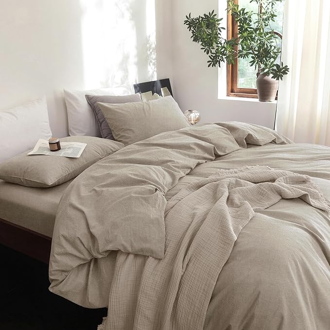 FOSSA Duvet Cover Set 100% Washed Cotton Linen Feel Super Soft Breathable Cozy 3 Pieces Bedding Sets Solid Tannish Linen Grey King