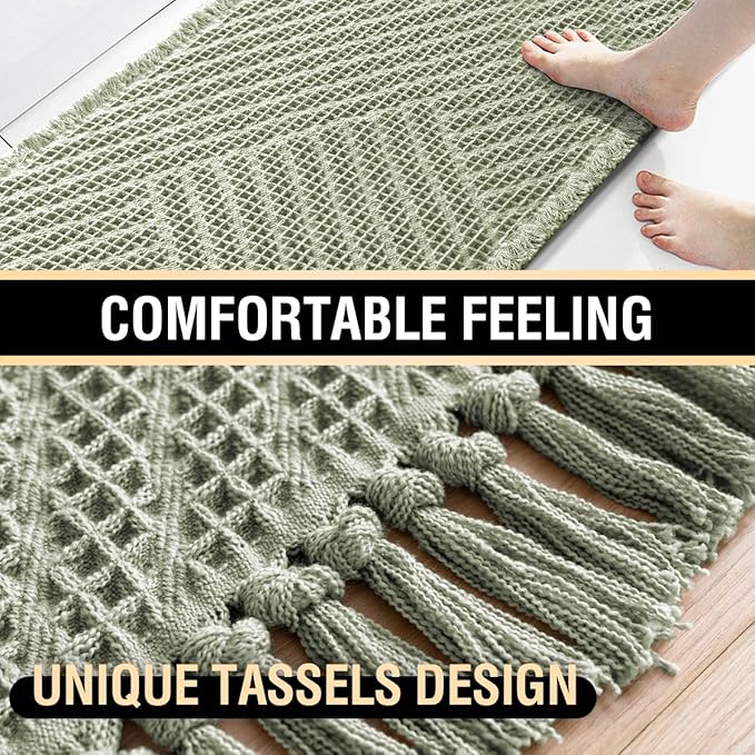H.VERSAILTEX Waffle Bath Mat Super Absorbent Boho Bath Mat Non Slip Bath Rugs for Bathroom Floor Machine Washable Dry Fast Bathroom Rugs with Tassels (20 x 32 Plus 17 x 24 Inches, Sage)