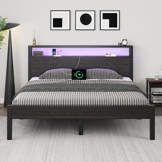 Queen Size Bed Frame with Storage Headboard, Industrial Platform Bed with Charging Station and LED Lights, Heavy Duty Metal Slats, No Box Spring Need, Noise Free, Black