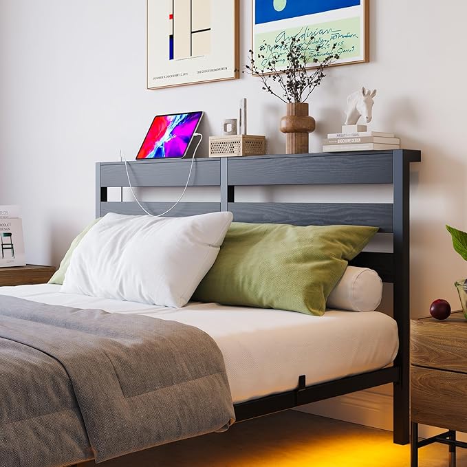 Floating Bed Frame Full Size with USB Charging Station, LED Bed Frame with Storage Headboard, Black Metal Platform Bed Double Size, No Box Spring Needed, Noise Free, Easy to Assemble