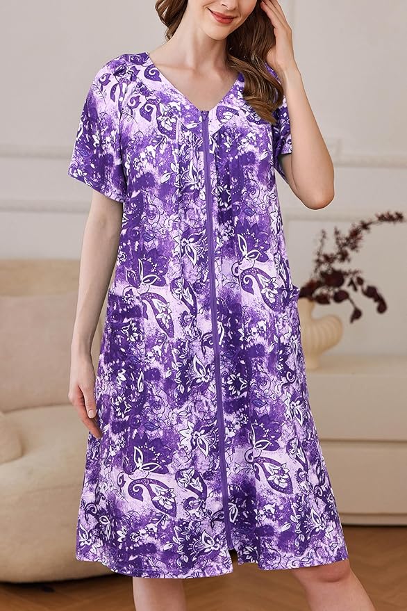 Ekouaer Women Robe Zipper Front Mumu Duster Robes Zip Up Housecoat Soft Sleepwear with Pockets