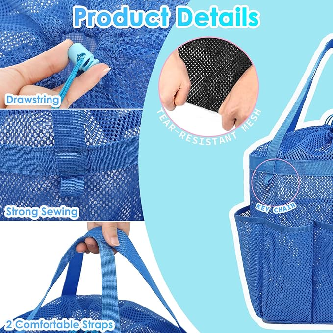 Mesh Shower Caddy Portable with Drawstring, Dorm Room Essentials for College Girls Guys, 8-Pocket Extra Large Shower Bag Basket Tote for Camping Beach Gym Travel Toiletry Bathroom