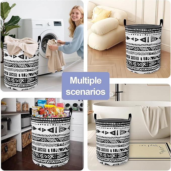 Black White Flowers Laundry Basket-Large Foldable Hamper Holder Portable Tall Collapsible Laundry Hamper Storage Basket Bin with Handles, Canvas & Waterproof lining for Household Items