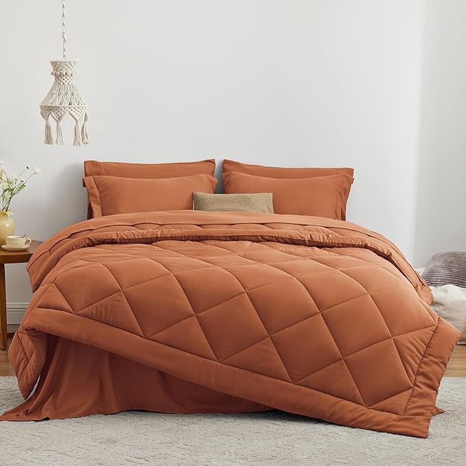 Love's cabin Queen Comforter Set Terracotta, 7 Pieces Queen Bed in a Bag, All Season Bedding Sets with 1 Comforter, 1 Flat Sheet, 1 Fitted Sheet, 2 Pillowcase and 2 Pillow Sham