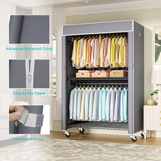 FUTASSI Black Clothing Rack with Grey Cover, P1C Plus Rolling Closets with Wheels, Metal Garment Rack for Hanging Clothes, Clothing Storage Wardrobe, 46
