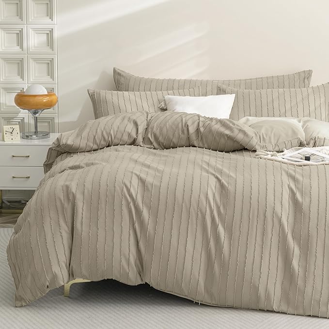 JELLYMONI Duvet Cover Full Size Khaki - 3PCS Boho Striped Duvet Cover Set Polyester Tufted Bohemian Textured Comforter Cover 80×90in with Corner Ties & Zipper and 2 Pillowcases