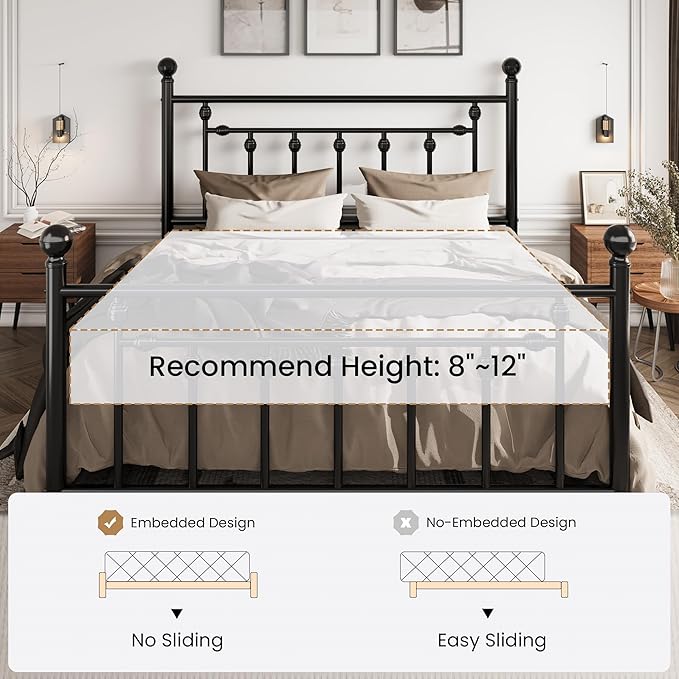 SHA CERLIN 14'' Queen Size Metal Platform Bed Frame/Victorian Headboard and Footboard/Steel Slats Mattress Foundation for Storage/No Box Spring Needed/Noise Free/Black