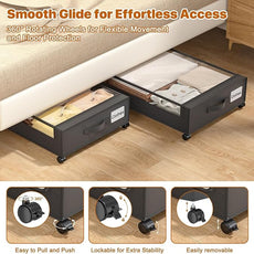 Under Bed Storage with Wheels,Under Bed Storage Containers with Clear Lids, Under-Bed Organizers for Clothes, Shoes – Durable Storage Bins with Smooth Rolling Wheels (Black, 4 Pack)