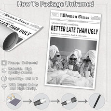 Vintage Women Times Black and White Newspaper Wall Art Better Late Than Ugly Poster Canvas Prints Funky Feminist Posters Trendy College Wall Decor for Bar Cart Girl Dorm Room 16x24inch Unframed