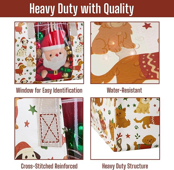 VENO 4 Pack Moving Bags, Large Christmas Storage Bins with lids, Packing Supplies for College, Alternative to Moving Boxes, Foldable, Heavy-Duty Tote, Christmas Pattern (Holiday Pups, 4 Pack)