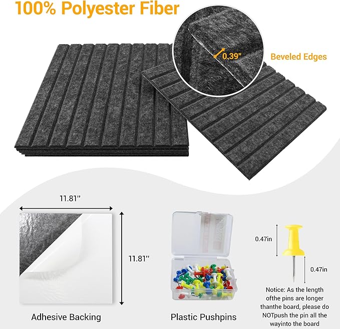 Cork Board Tiles for Wall with Push Pins, 36" x 24" Slat Bulletin Board Sets, Self-Adhesive Pin Board | Magrowill 6 Packs Felt Panels for Office Home Classroom Dorm Interior Wall Decor, Deep Gray