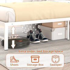 Twin Bed Frames with Charging Station, 2 Tiers Storage Headboard Twin Sized Bed No Box Spring Needed Heavy Duty Metal Platform, White