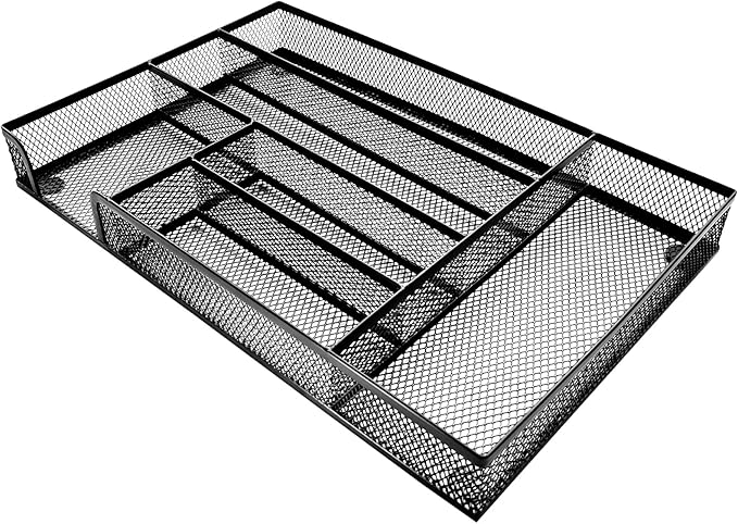 Desk Drawer Organizer Metal Mesh Drawer Organizer Tray for Office School or Home Supplies Desktop Storage Stationery，6 Compartments, 12.6 x 8.27 x 1.57 inch，Black (1pc pack)