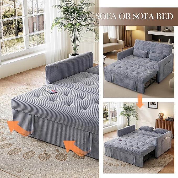 Sofa Bed, Loveseat 3-in-1 Sleeper Sofa with Pull Out Bed and USB, Modern Corduroy 2 Seater Convertible Small Couch for Living Room Bedroom Apartment, Gray