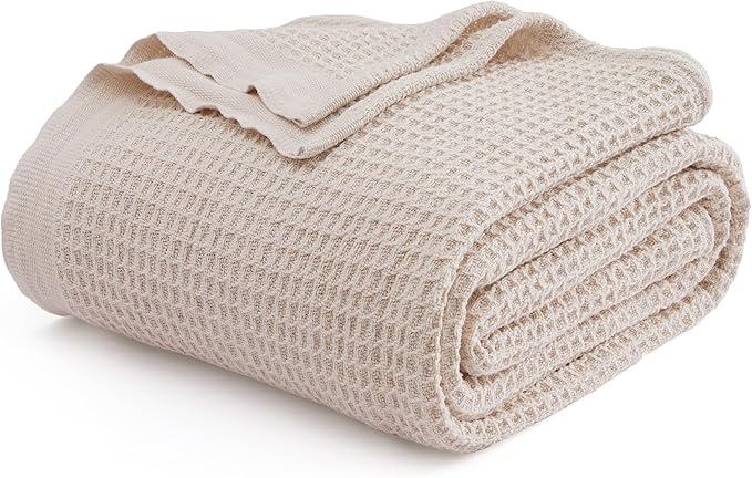 Bedsure Gentlesoft 100% Cotton Blanket King Size for Bed - Breathable and Soft, Thick Cozy Waffle Weave Christmas Blanket Gift for Women, Begie, 104x90 inches