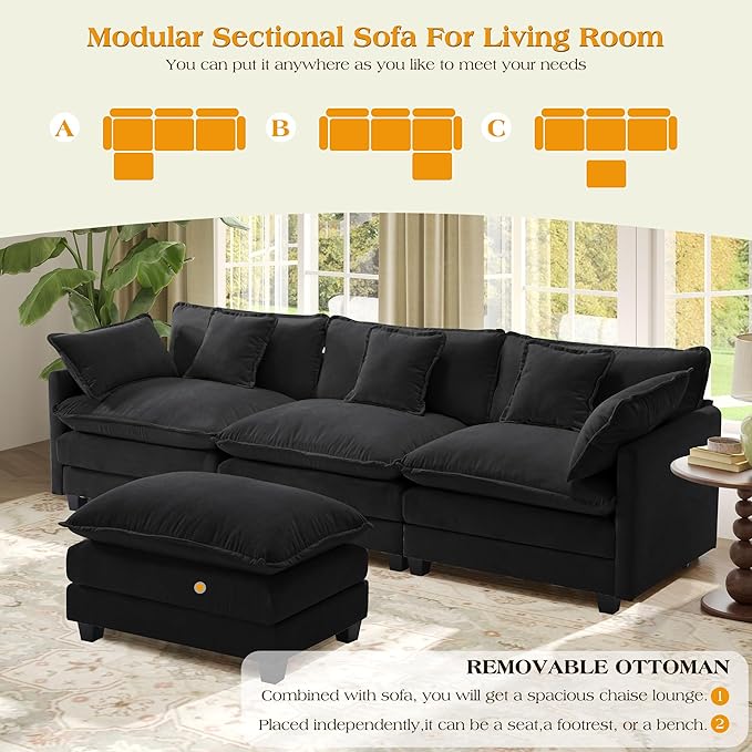 113.4" Modular Sectional Sofa,L Shaped Couch for Living Room,Modern Deep Seat Sofa 3 Seater Chenille Fabric Comfy Cloud Couches with Throw Pillows & Movable Ottoman