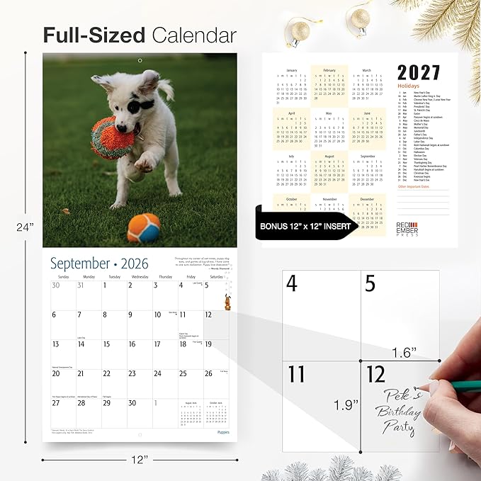 RED EMBER Puppies 2026 Wall Calendar 12 Month | 12" x 24" Open | Thick & Sturdy Paper | Holiday Gift | Cute Puppy Dog Calendar 2026