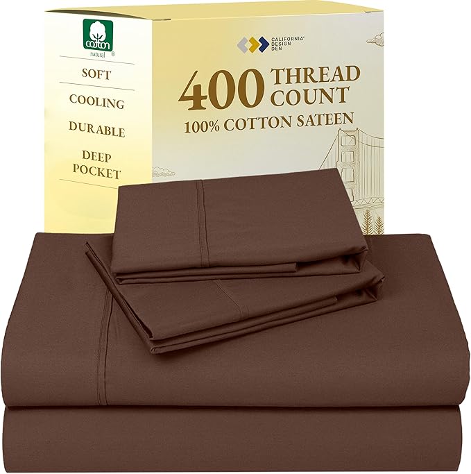 California Design Den Full Size Bed Sheets Set - Soft 400 Thread Count Sateen, Natural 100% Cotton Sheets with Deep Pockets, Breathable, and Durable Bedding Set - Espresso Chocolate Brown CaliforniaDesignDen