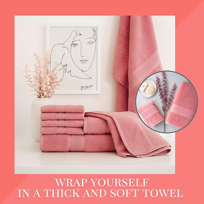 Luzia 8 Piece Bathroom Towel Set - 100% Turkish Cotton, Premium Quality - 2 Bath Towels 2 Hand Towels and 4 Washcloths (Coral)