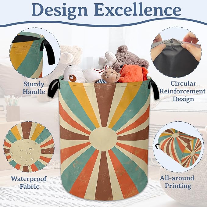 Vintage Sun Laundry Hamper With Handle,Foldable Oxford Cloth Sunrise Sunset Laundry Basket,20.8"x16" Clothes Storage Basket for Laundry Room/Bedroom/Bathroom