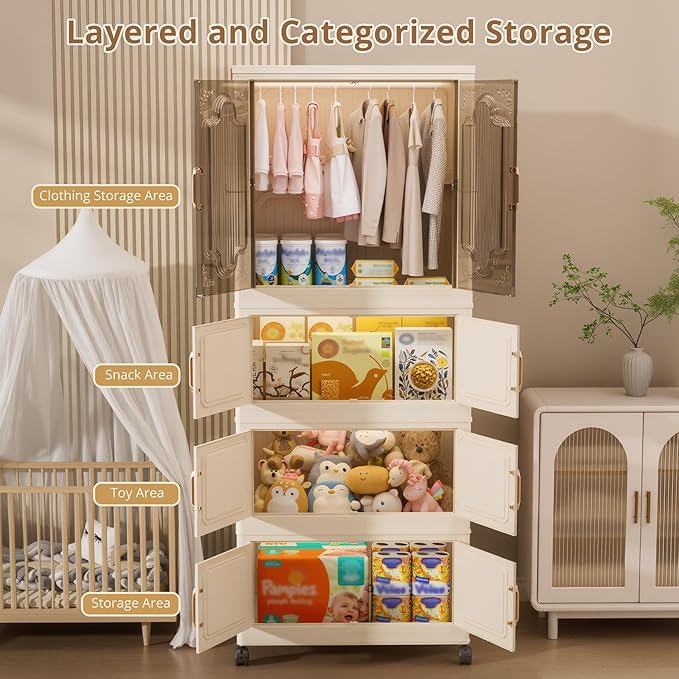 Collapsible Foldable Stackable Storage Bins with Lids on Wheels, Heavy Duty Large Plastic Wardrobe Closet Organizer Cube, Rolling Clothes Storage Container for Sweaters Blankets, Two Clear Cabinet