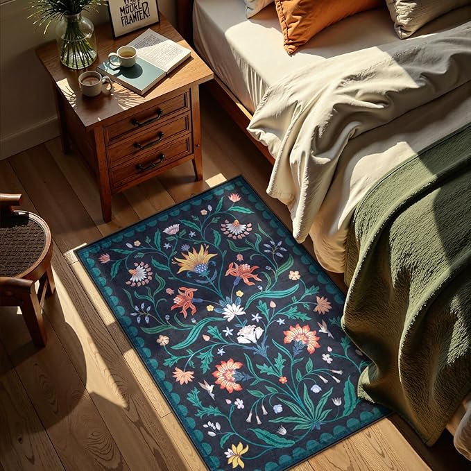 Lahome Boho Floral 2x3 Washable Kitchen Rugs for Entryway, Blue Door Mat Indoor Entrance, Small Soft Non-Slip Indoor Carpet Throw Rugs for Bathroom Laundry(Dark Blue,2x3)