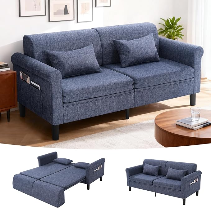SEJOV 74" Convertible Sofa Bed, 5-in-1 Loveseat Sleeper Sofas with Pull Out Couch Bed, Storage Pockets & 2 Pillows, Modern Folding Linen Futon Couch for Living Room, Bedroom, Small Space, Blue