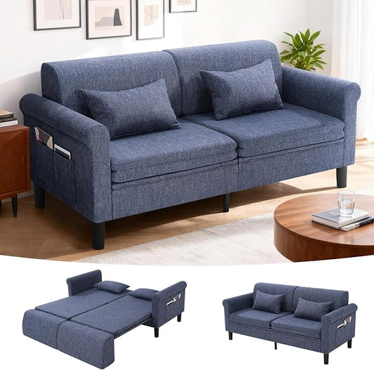 SEJOV 74" Convertible Sofa Bed, 5-in-1 Loveseat Sleeper Sofas with Pull Out Couch Bed, Storage Pockets & 2 Pillows, Modern Folding Linen Futon Couch for Living Room, Bedroom, Small Space, Blue