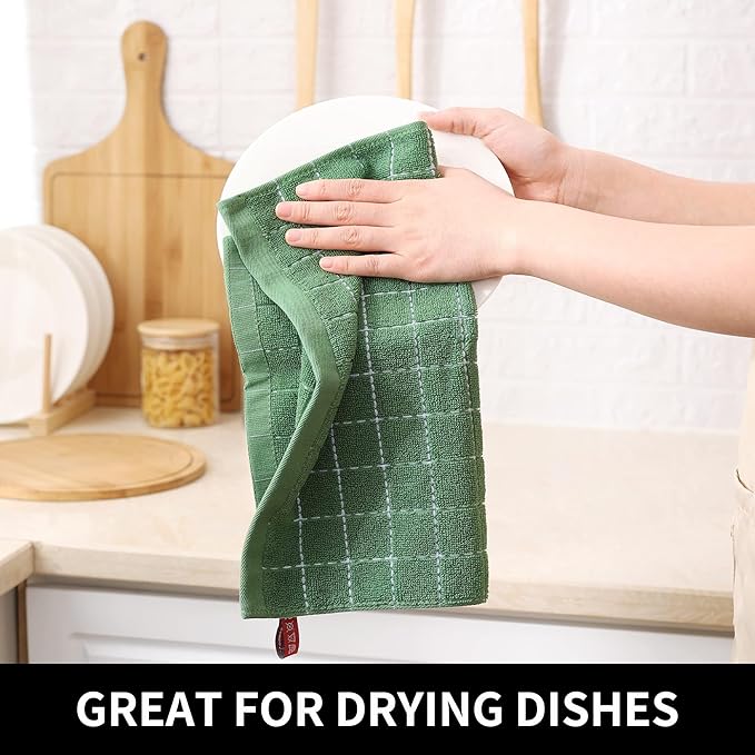 Homaxy 100% Cotton Terry Kitchen Towels(Grass Green, 13 x 28 inches), Checkered Designed, Soft and Super Absorbent Dish Towels, 18 Pack