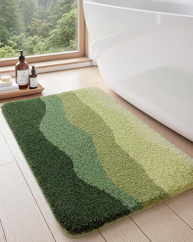 DEXI Bathroom Rugs Non Slip, 20x32 Washable Microfiber Bath Mat Quick Dry, Absorbent Ultra Soft Natural Mountains Bathmat for Shower Floor Tub Sink, Green