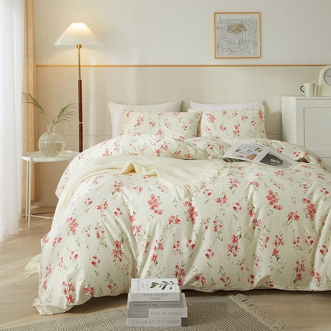 mixinni Boho Red Floral Girl Duvet Cover Set, Soft Cotton Twin Size 3-Piece Aesthetic Floral Bedding Set, 1 Chic Flower Leaf Pattern Duvet Cover and 2 Pillowcases for All Seasons-Twin Size