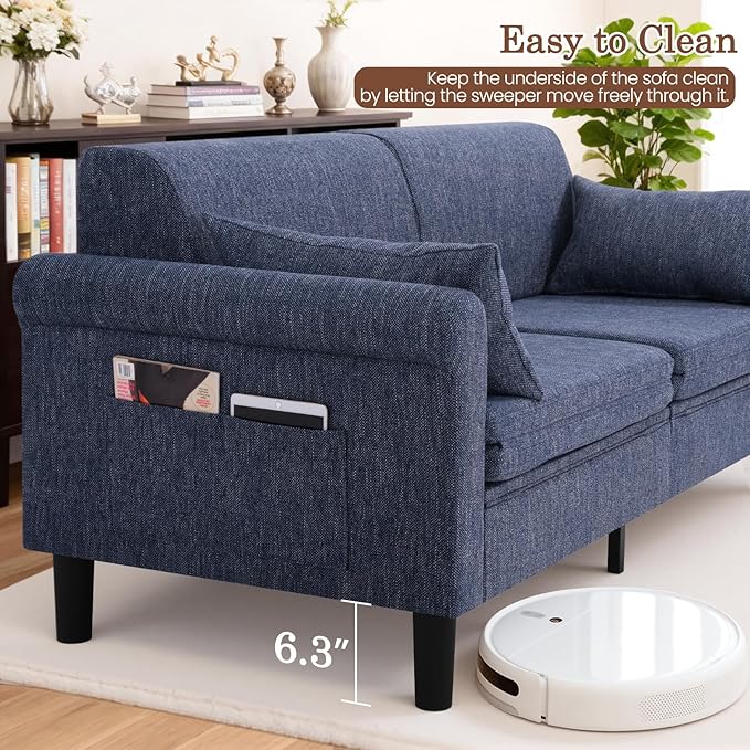 SEJOV 74" Convertible Sofa Bed, 5-in-1 Loveseat Sleeper Sofas with Pull Out Couch Bed, Storage Pockets & 2 Pillows, Modern Folding Linen Futon Couch for Living Room, Bedroom, Small Space, Blue
