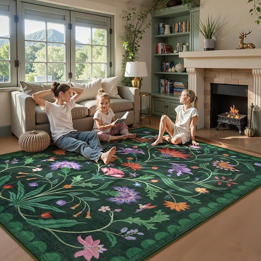 Lahome Boho Floral Washable Green 9x12 Area Rugs for Living Room, Non Slip Rugs for Bedroom, Indoor Throw Dining Room Carpet for Under Table Home Office Playroom (Forest Green,9x12ft)