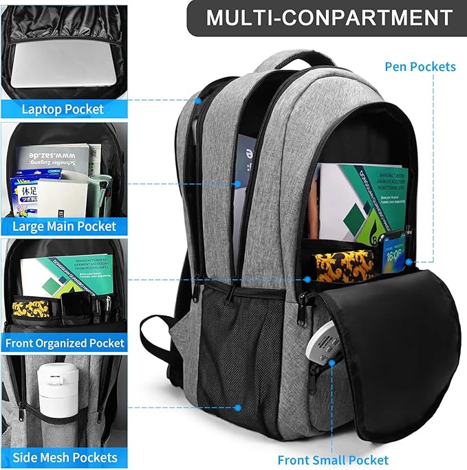 17 Inch Large Business Computer Backpack for Men Work, Mens Tech Laptop Bookbag for Commuter Office Adult Lightgrey
