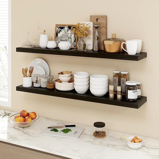 48 Inch Floating Shelves, 9.3" Deep Floating Shelf Wall Mounted, 48" Wall Shelves, Rustic Deep Bookshelf, Large Display Shelves & Storage Shelves for Bedroom, Living Room, Black, Set of 1