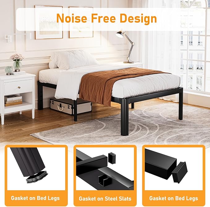 Askeld Bed Frame Twin, 16 Inch High Metal Platform Bed with Round Corner Leg, No Box Spring Needed, Heavy Duty Noise-Free Bed Base, Easy Assembly, Black